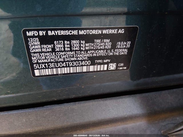 45090640 :رقم المزاد ، 5UX13EU04T9303400 vin ، 2026 Bmw X5 Sdrive40i مزاد بيع