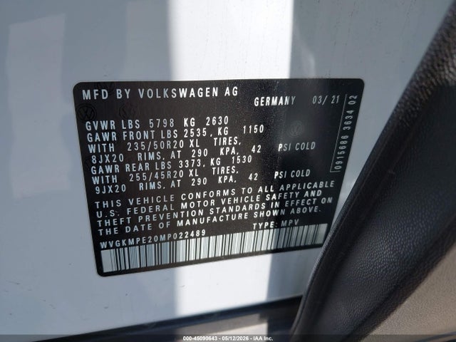 2021 Volkswagen Id.4 Pro S მანქანა იყიდება აუქციონზე, vin: WVGKMPE20MP022489, აუქციონის ნომერი: 45090643