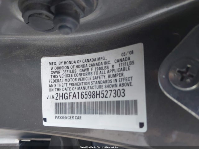 Продаж на аукціоні авто 2008 Honda Civic Lx, vin: 2HGFA16598H527303, номер лоту: 45090645