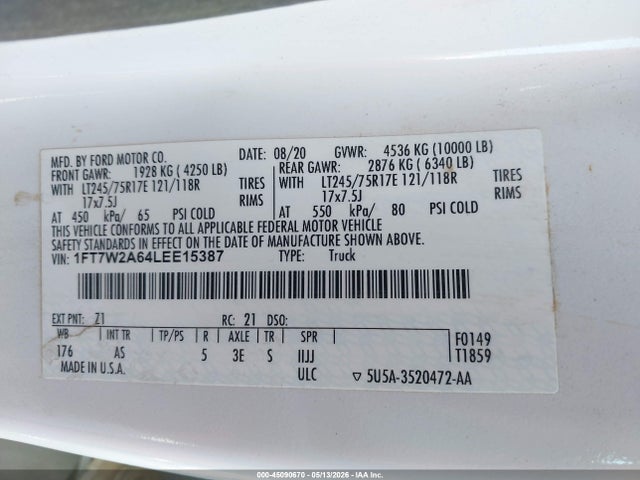 Aukcja sprzedaży 2020 Ford F-250 Xl, vin: 1FT7W2A64LEE15387, numer aukcji: 45090670
