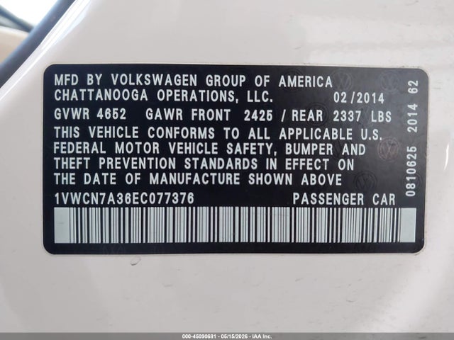 Продаж на аукціоні авто 2014 Volkswagen Passat 2.0l Tdi Sel Premium, vin: 1VWCN7A36EC077376, номер лоту: 45090681