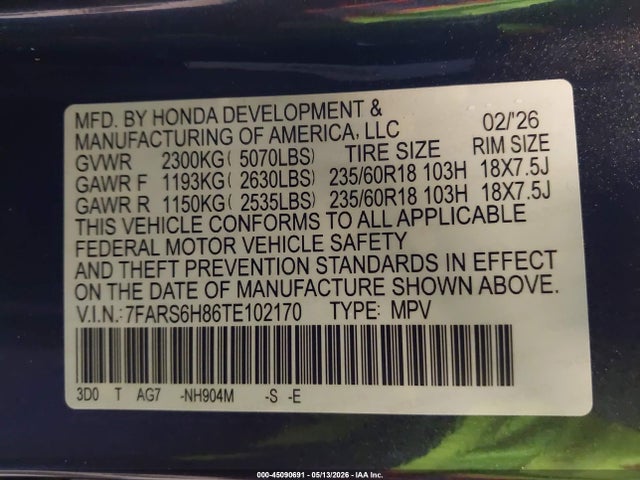 Aukcja sprzedaży 2026 Honda Cr-v Hybrid Awd Sport-l, vin: 7FARS6H86TE102170, numer aukcji: 45090691