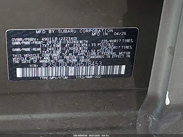 45090706 :رقم المزاد ، JF2SLDDC7SH578453 vin ، 2025 Subaru Forester Premium مزاد بيع