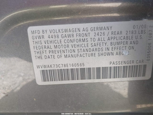 Продажа на аукционе авто 2008 Volkswagen Passat Komfort, vin: WVWAK73C78E160565, номер лота: 45090726