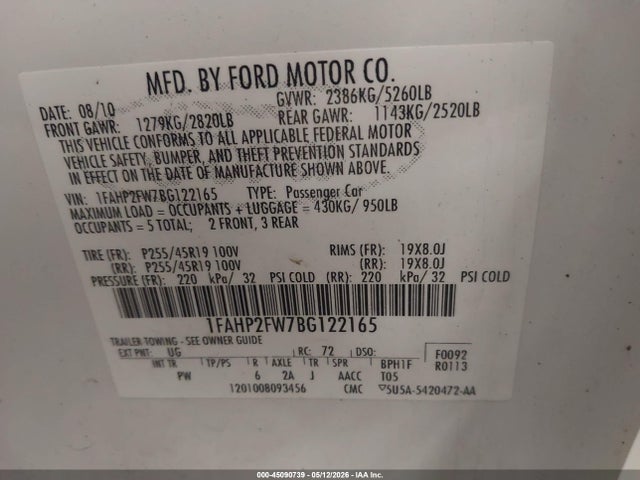 2011 Ford Taurus Limited მანქანა იყიდება აუქციონზე, vin: 1FAHP2FW7BG122165, აუქციონის ნომერი: 45090739
