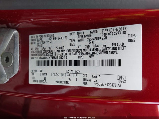 45090744 :رقم المزاد ، 1FMCU9JX7EUB48319 vin ، 2014 Ford Escape Titanium مزاد بيع