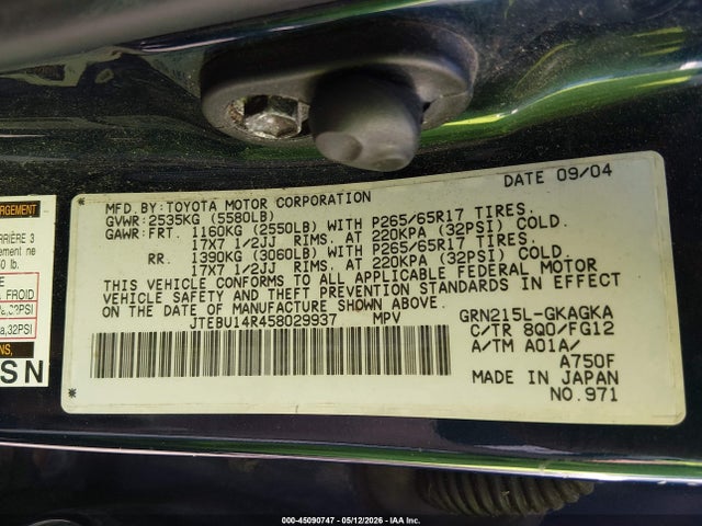 Aukcja sprzedaży 2005 Toyota 4runner Sr5 V6, vin: JTEBU14R458029937, numer aukcji: 45090747