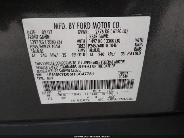 Aukcja sprzedaży 2017 Ford Explorer Xlt, vin: 1FM5K7D85HGC47781, numer aukcji: 45090752