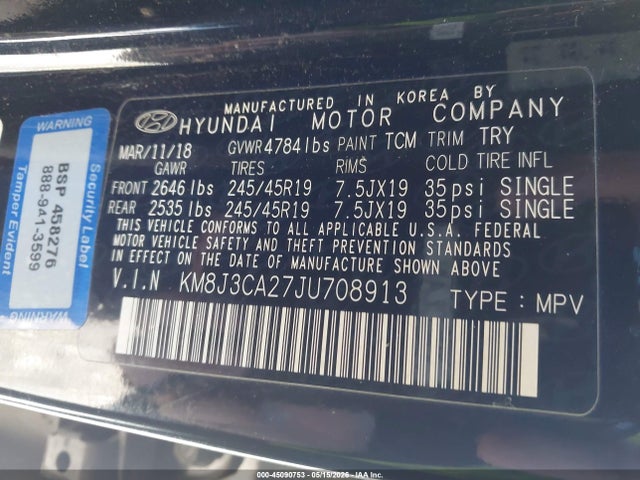 2018 Hyundai Tucson Value მანქანა იყიდება აუქციონზე, vin: KM8J3CA27JU708913, აუქციონის ნომერი: 45090753