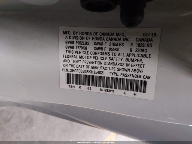 Aukcja sprzedaży 2019 Honda Civic Ex, vin: 2HGFC3B38KH354021, numer aukcji: 45090763