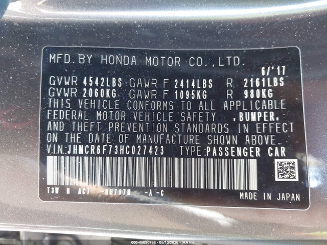 Продажа на аукционе авто 2017 Honda Accord Hybrid Touring, vin: JHMCR6F73HC027423, номер лота: 45090764