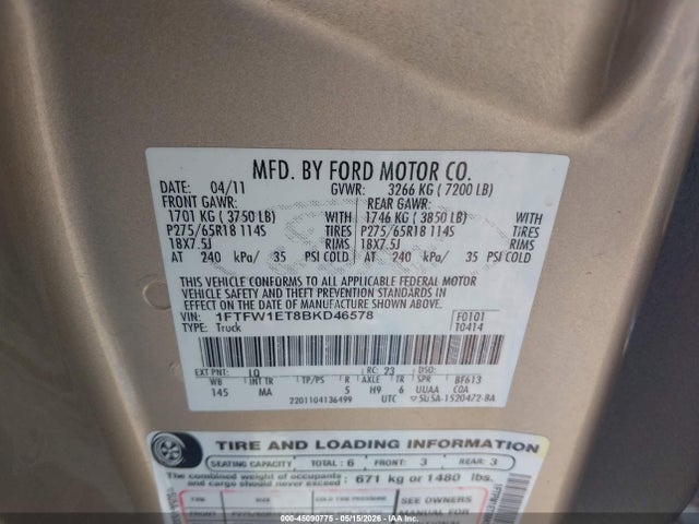 Продаж на аукціоні авто 2011 Ford F-150 Xlt, vin: 1FTFW1ET8BKD46578, номер лоту: 45090775