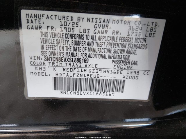 2025 Nissan Versa 1.6 Sv მანქანა იყიდება აუქციონზე, vin: 3N1CN8EVXSL885169, აუქციონის ნომერი: 45090777