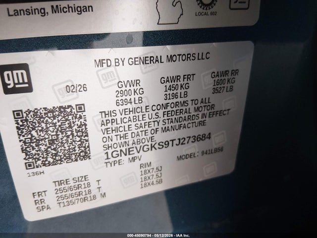 45090794 :رقم المزاد ، 1GNEVGKS9TJ273684 vin ، 2026 Chevrolet Traverse Awd Lt مزاد بيع