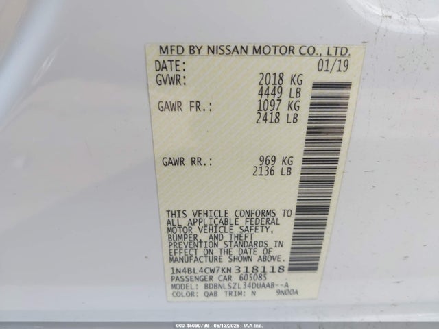 Продаж на аукціоні авто 2019 Nissan Altima 2.5 Sr, vin: 1N4BL4CW7KN318118, номер лоту: 45090799