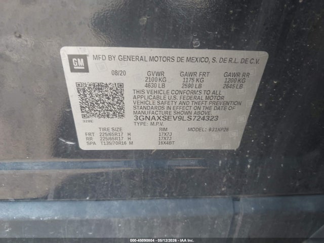 2020 Chevrolet Equinox Awd Ls მანქანა იყიდება აუქციონზე, vin: 3GNAXSEV9LS724323, აუქციონის ნომერი: 45090804