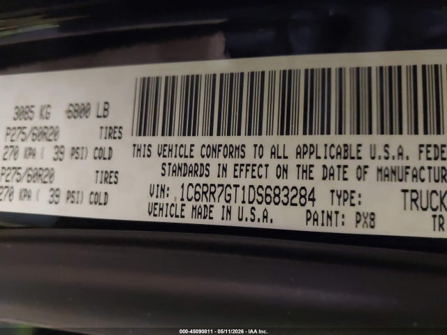 45090811 :رقم المزاد ، 1C6RR7GT1DS683284 vin ، 2013 Ram 1500 Big Horn مزاد بيع