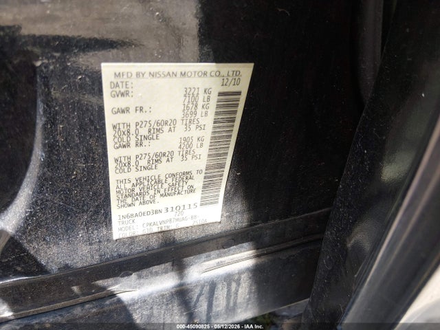 Продаж на аукціоні авто 2011 Nissan Titan Sl, vin: 1N6BA0ED3BN310115, номер лоту: 45090825