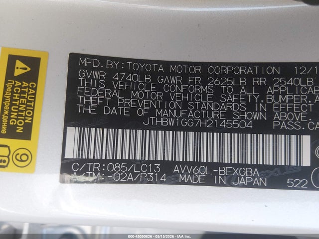 Aukcja sprzedaży 2017 Lexus Es 300h, vin: JTHBW1GG7H2145504, numer aukcji: 45090826