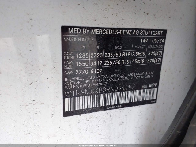 Продажа на аукционе авто 2024 Mercedes-benz Eqb 300 Suv 4matic, vin: W1N9M0KB0RN094187, номер лота: 45090829