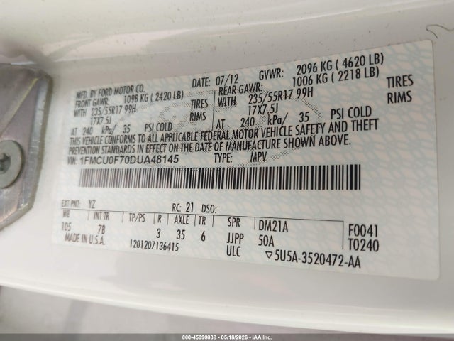 Aukcja sprzedaży 2013 Ford Escape S, vin: 1FMCU0F70DUA48145, numer aukcji: 45090838