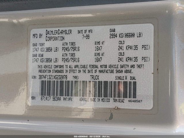 Продаж на аукціоні авто 1999 Dodge Ram 1500 St, vin: 3B7HF13Z1XG232078, номер лоту: 45090840