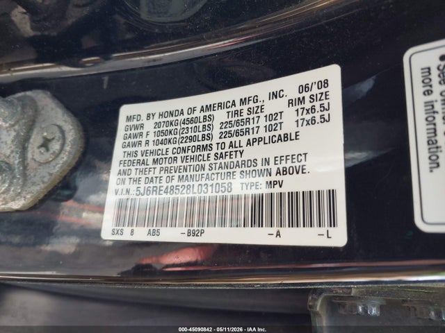 Auction sale of the 2008 Honda Cr-v Ex, vin: 5J6RE48528L031058, lot number: 45090842