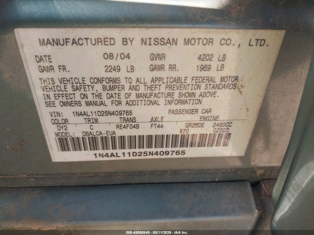 Aukcja sprzedaży 2005 Nissan Altima 2.5 S, vin: 1N4AL11D25N409765, numer aukcji: 45090849