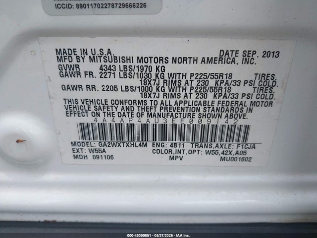 45090851 :رقم المزاد ، 4A4AP4AU3EE009142 vin ، 2014 Mitsubishi Outlander Sport Se مزاد بيع
