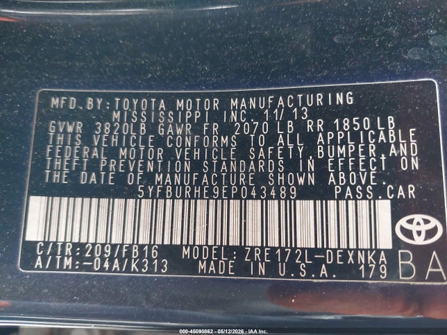 Aukcja sprzedaży 2014 Toyota Corolla Le, vin: 5YFBURHE9EP043489, numer aukcji: 45090862