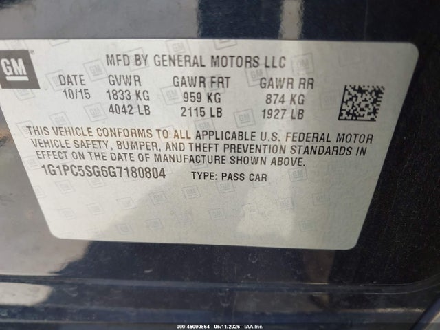 2016 Chevrolet Cruze Limited Ls Auto მანქანა იყიდება აუქციონზე, vin: 1G1PC5SG6G7180804, აუქციონის ნომერი: 45090864