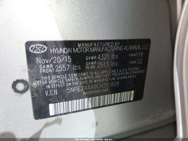 2016 Hyundai Sonata Eco მანქანა იყიდება აუქციონზე, vin: 5NPE24AA9GH351808, აუქციონის ნომერი: 45090867