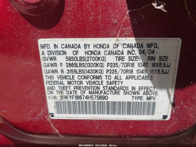 2004 Honda Pilot Ex-l მანქანა იყიდება აუქციონზე, vin: 2HKYF18674H575690, აუქციონის ნომერი: 45090872