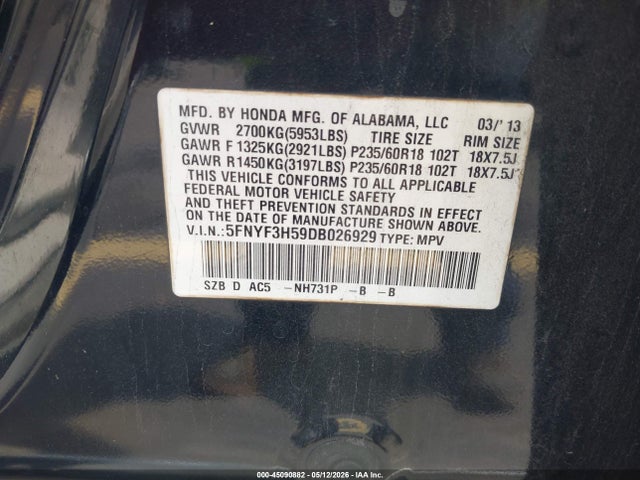45090882 :رقم المزاد ، 5FNYF3H59DB026929 vin ، 2013 Honda Pilot Ex-l مزاد بيع