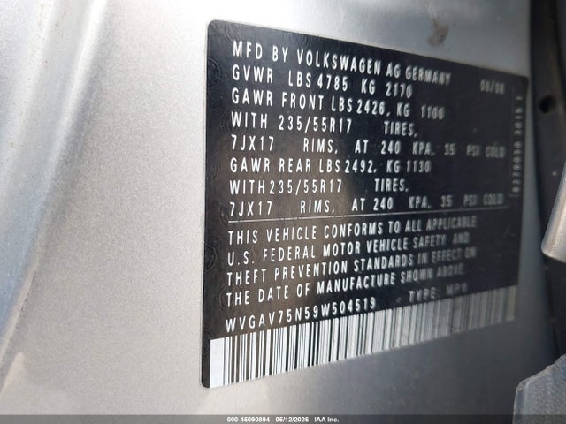 45090894 :رقم المزاد ، WVGAV75N59W504519 vin ، 2009 Volkswagen Tiguan S/se/sel مزاد بيع
