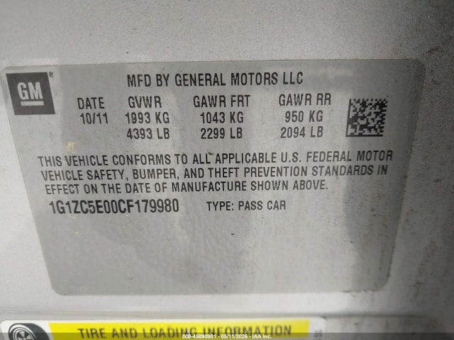 Продажа на аукционе авто 2012 Chevrolet Malibu 1lt, vin: 1G1ZC5E00CF179980, номер лота: 45090901