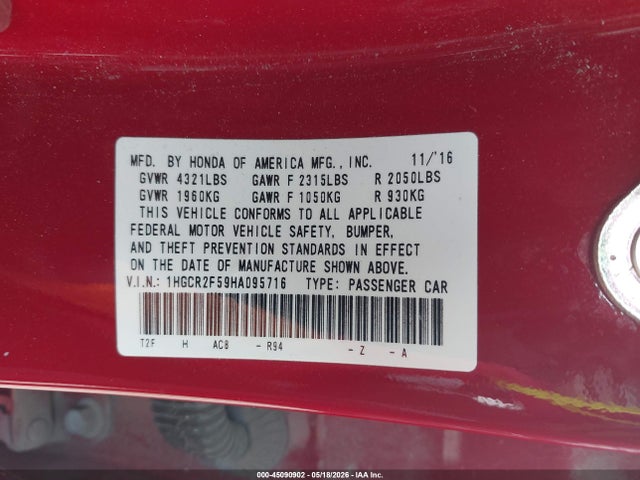 45090902 :رقم المزاد ، 1HGCR2F59HA095716 vin ، 2017 Honda Accord Sport مزاد بيع
