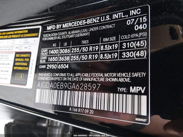 Aukcja sprzedaży 2016 Mercedes-benz Gle 300d 4matic, vin: 4JGDA0EB9GA628597, numer aukcji: 45090903