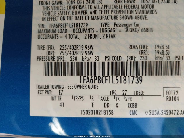 2020 Ford Mustang Gt Premium Fastback მანქანა იყიდება აუქციონზე, vin: 1FA6P8CF1L5181739, აუქციონის ნომერი: 45090935