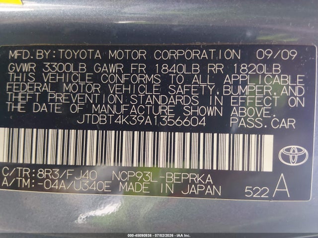 Aukcja sprzedaży 2010 Toyota Yaris, vin: JTDBT4K39A1356604, numer aukcji: 45090938