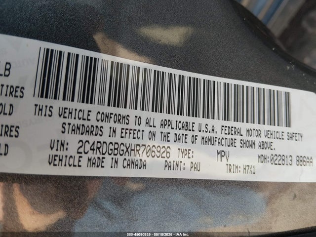 Aukcja sprzedaży 2017 Dodge Grand Caravan Se, vin: 2C4RDGBGXHR706926, numer aukcji: 45090939
