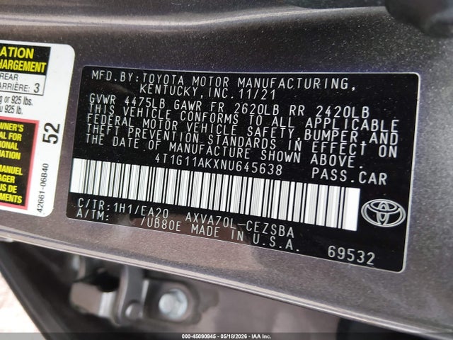 45090945 :رقم المزاد ، 4T1G11AKXNU645638 vin ، 2022 Toyota Camry Se مزاد بيع