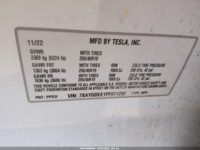 Продажа на аукционе авто 2023 Tesla Model Y Awd/long Range Dual Motor All-wheel Drive, vin: 7SAYGDEE1PF611292, номер лота: 45090949