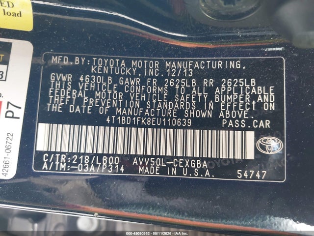Aukcja sprzedaży 2014 Toyota Camry Hybrid Xle, vin: 4T1BD1FK8EU110639, numer aukcji: 45090952