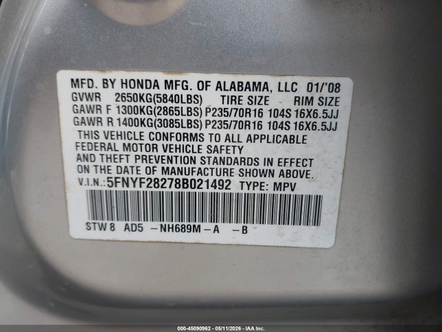 Aukcja sprzedaży 2008 Honda Pilot Vp, vin: 5FNYF28278B021492, numer aukcji: 45090962
