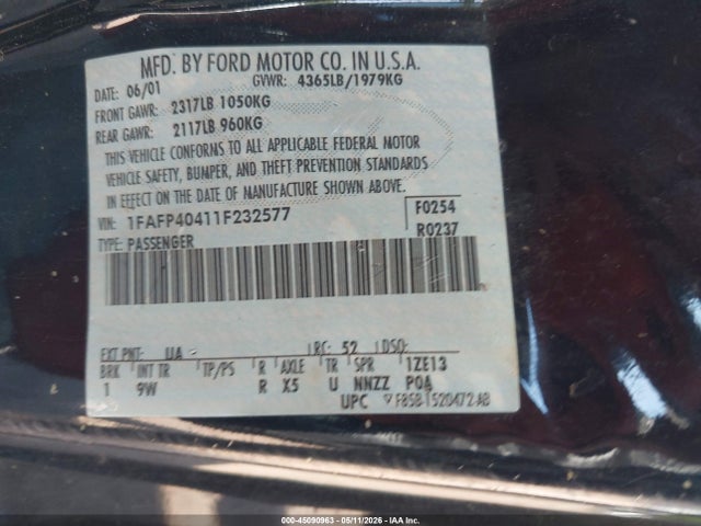 Продаж на аукціоні авто 2001 Ford Mustang, vin: 1FAFP40411F232577, номер лоту: 45090963