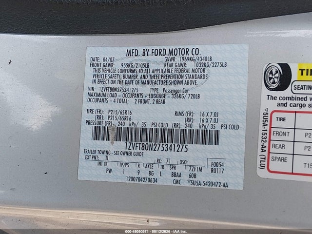Aukcja sprzedaży 2007 Ford Mustang V6 Deluxe/v6 Premium, vin: 1ZVFT80N275341275, numer aukcji: 45090971
