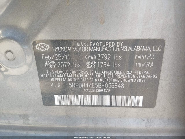 2011 Hyundai Elantra Gls მანქანა იყიდება აუქციონზე, vin: 5NPDH4AE5BH036848, აუქციონის ნომერი: 45090973