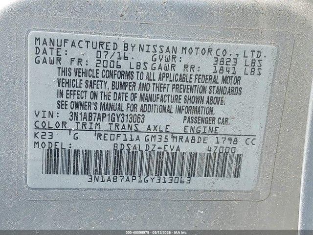 2016 Nissan Sentra Sv მანქანა იყიდება აუქციონზე, vin: 3N1AB7AP1GY313063, აუქციონის ნომერი: 45090979