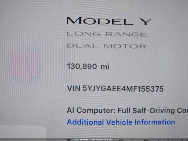 Продажа на аукционе авто 2021 Tesla Model Y Long Range Dual Motor All-wheel Drive, vin: 5YJYGAEE4MF155375, номер лота: 45090981